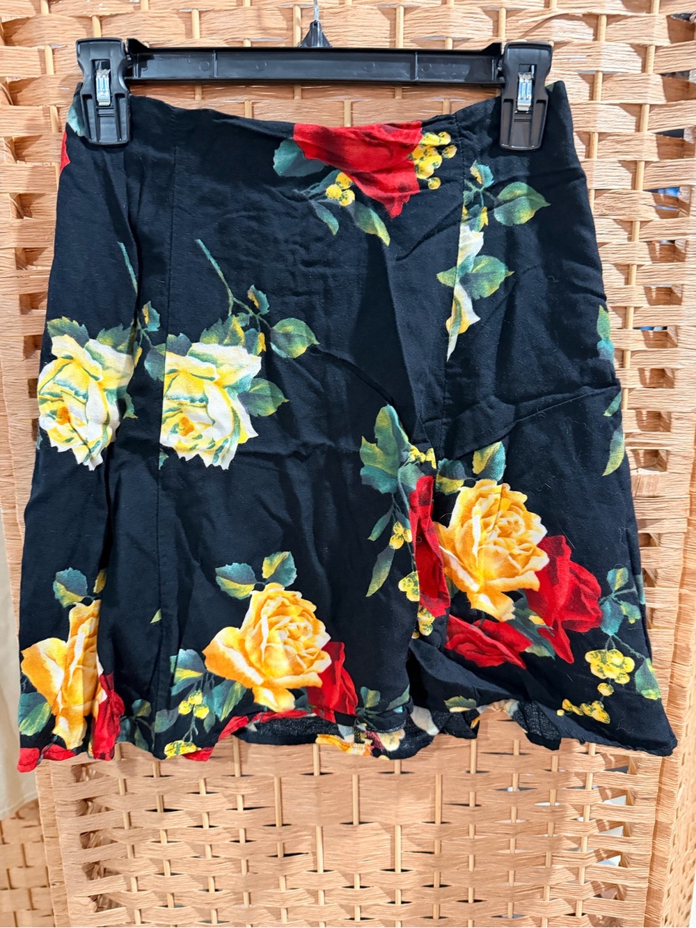 Black Floral A-Line Skirt with Yellow & Red Roses